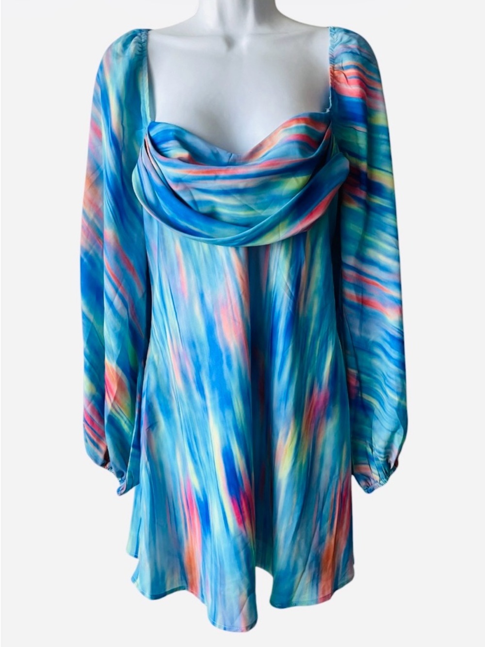 Hello Molly Blue Multi-Color Watercolor Long Sleeve Mini Dress - Picture 2 of 9